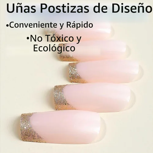 Vista 3 de Uñas postizas francesas de lujo, uñas postizas con puntas largas cuadradas, uñas postizas de color desnudo, con brillo acrílico, estilo bailarina