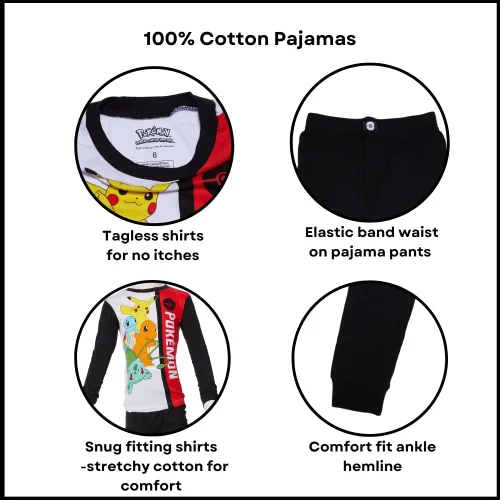 Vista 3 de Pokemon Conjunto de pijamas, ropa de dormir de 4 piezas para niños, tallas 4 a 10, Multi