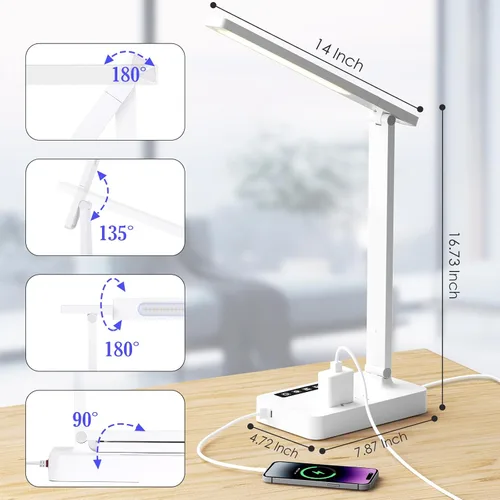 Vista 7 de Infiway Lámparas LED de escritorio para oficina en casa: lámpara de escritorio con puerto de carga USB - 1 USB-A, 1 puerto tipo C, 2 tomas de Blanco