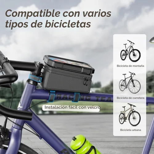 Vista 7 de KDD Bolsa de marco frontal para bicicleta con soporte impermeable para teléfono, bolsa de almacenamiento de ciclismo de montaña, bolsa de manillar