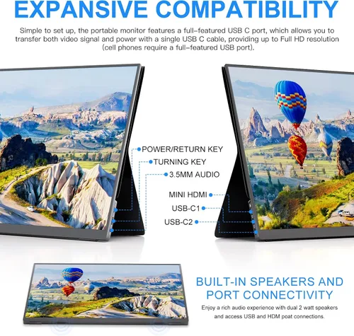Vista 4 de Monitor portátil de 10.5'' para laptop, monitor de pantalla portátil de 2K FHD 60HZ, entradas USB-C y HDMI, panel IPS ultradelgado con HDR