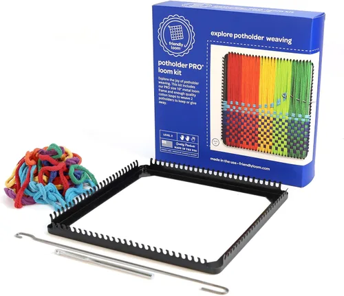 Vista 3 de Harrisville Designs Friendly Loom - Kit de tejido profesional para agarraderas, telar de metal resistente de 10 x 10 pulgadas y bucles de tejido