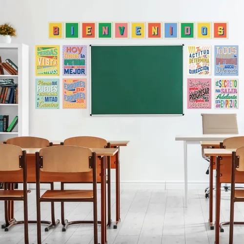 Vista 3 de Sweetzer & Orange Juego de 8 carteles motivacionales en español y letras BIENVENIDOS para profesores y estudiantes, gráficos de idiomas que