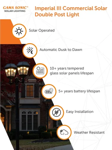 Vista 4 de Gama Sonic Imperial III - Lámpara solar de poste de aluminio fundido y lente biselada, lámpara solar doble para exteriores, salida de 600 lúmenes