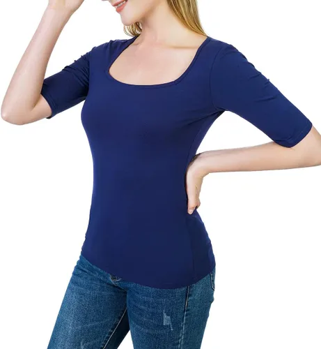 Vista 5 de Artivaly Camiseta ajustada de media manga con cuello cuadrado para mujer