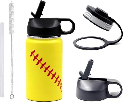 Vista 21 de Botella de agua de baloncesto de 12 onzas, botella de agua deportiva aislada al vacío de acero inoxidable con popote y 2 tapas, botella de agua