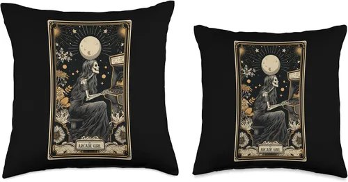 Vista 3 de The Arcade Girl Retro Arcade Gaming 80s Tarot Card Skeleton Throw Pillow