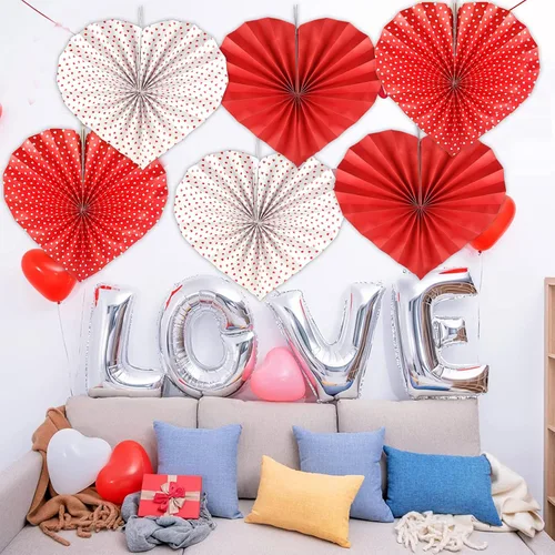Vista 6 de Reofrey 6 piezas de decoración de corazón de abanico de papel, diseño de corazón rojo, decoración del día de San Valentín, para San Valentín
