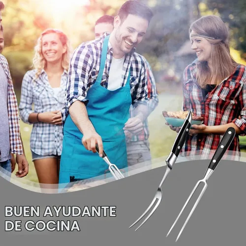 Vista 6 de CHENGU 2 tenedores para tallar carne de 12 pulgadas de acero inoxidable para servir cocinar con mango de madera, parrilla clásica con mango de ABS