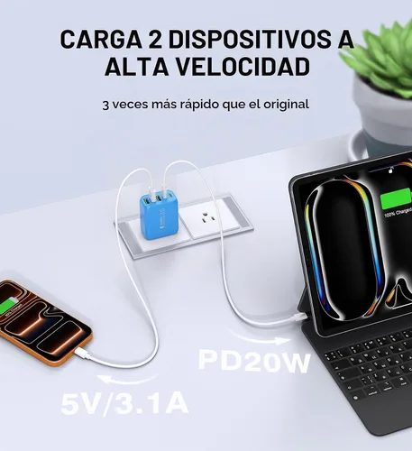 Vista 7 de Paquete de 2 Bloques Cargadores de Pared USB C, 60W Bloque de Carga Rápida C de 5 Puertos Adaptador de Corriente PD + QC 3.0 Cargador Cubo