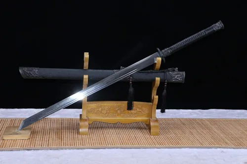 Vista 8 de Espada ancha,Espada dao de oro negro real,Hoja de Damasco forjada,Accesorios de aleación,Espiga completa,Kung fu