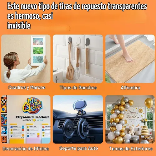 Vista 7 de 100 tiras transparentes para colgar cuadros, calcomanías invisibles de repuesto para póster, ganchos de pared resistentes, sin daños, cinta adhesiva