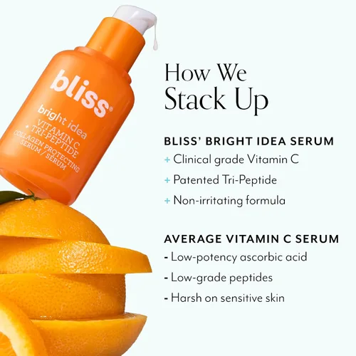 Vista 3 de Bliss Bright Idea Vitamina C + Suero iluminador de tres péptidos – 1 onza líquida – Crema facial hidratante iluminadora con péptidos y Bliss Glow