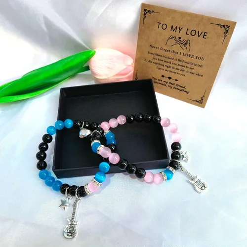 Vista 10 de 2 pulseras magnéticas para parejas, piedra natural negra mate, cristal para votos de amor eterno, juego de pulseras de cuentas de piedra de energía