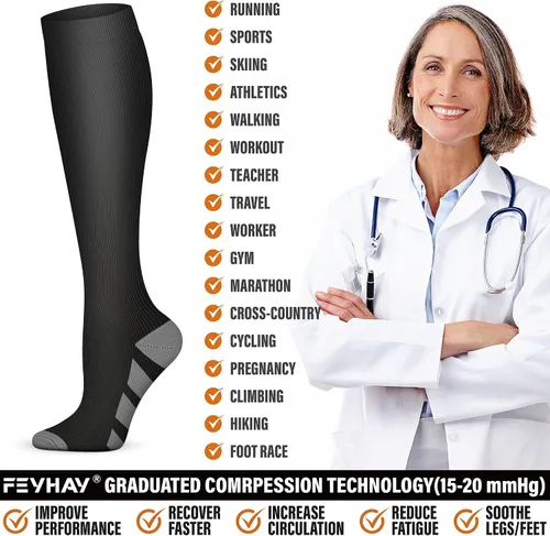 Vista 5 de FEYHAY Calcetines de compresión de cobre (5 pares) de 15-20 mmHg, la circulación es la mejor atlética y diaria para hombres y mujeres, correr