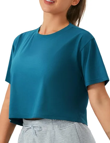 Vista 19 de THE GYM PEOPLE - Camiseta de entrenamiento para mujer, manga corta, básica, recortada, deportiva, de yoga, para correr, estilo boxy Verde militar