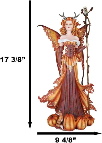 Vista 2 de Ebros Gift Amy Brown Fantasy Holiday Pumpkin Queen Autumn Fairy Holding Staff with Owl Statue 17.5" de alto Fantasy Fall Season Mythical Faery
