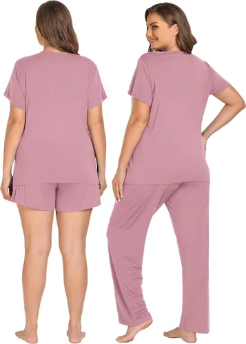 Vista 5 de SWOMOG Conjunto de pijama de maternidad para mujer, 3 piezas, ajustable, ropa de dormir de doble capa de manga corta para embarazo