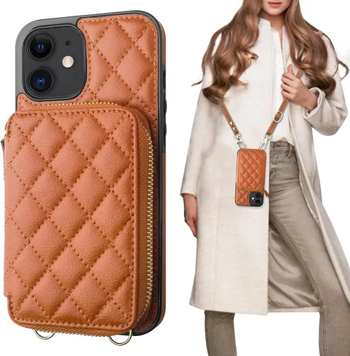 Vista 15 de Bocasal Funda tipo cartera cruzada para iPhone 12/12 Pro, bloqueo RFID, de piel sintética, con cremallera, bolso cartera con tapa plegable, funda
