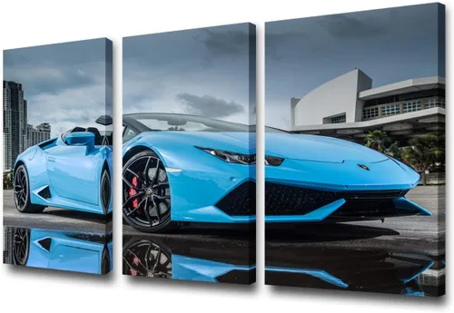 Vista 43 de Arte de pared de auto deportivo rojo para sala de estar, arte de pared de lienzo de súper auto genial, imágenes pósters, 3 piezas, arte moderno