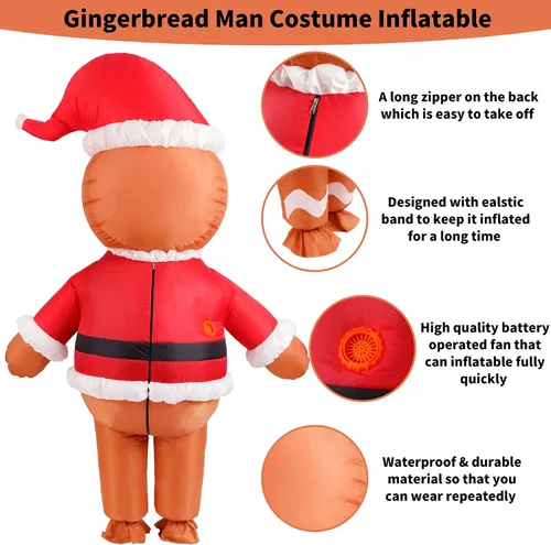 Vista 4 de ADOMI Disfraz inflable de hombre de jengibre para adultos, disfraz divertido para hombres y mujeres, Halloween, Navidad, cosplay, fiesta, traje