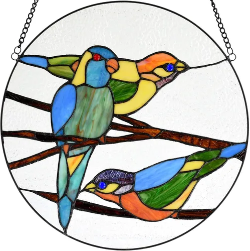Vista 6 de Bieye W10044 Parrots on Branches Tiffany Style - Panel colgante de vitral con cadena, forma redonda de 16 pulgadas de ancho, color azul