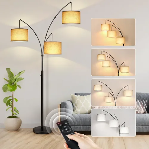 Vista 10 de OUTON Lámpara de pie LED de arco, lámpara de pie alta moderna negra de 3 luces para dormitorio, 2400lm lámparas de esquina de pie ajustables