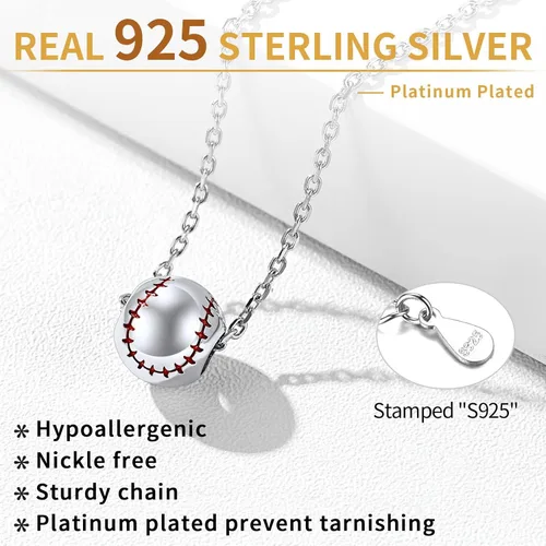 Vista 4 de ChicSilver 925 Sterling Silver Baseball Necklaces for Women Men 3D Sports Jewelry for Baseball Lover Sport Fans (With Gift Box)