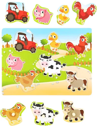 Vista 4 de Rompecabezas de madera con diseño de granja para bebés, imágenes a todo color para preescolar, 7 piezas