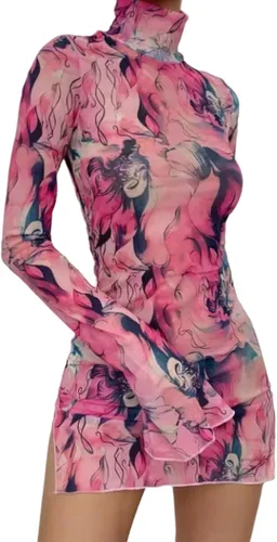 Vista 2 de Vestido corto de malla transparente con teñido anudado floral para mujer, sexy, cuello alto falso, ajustado, acampanado, manga larga, vestido