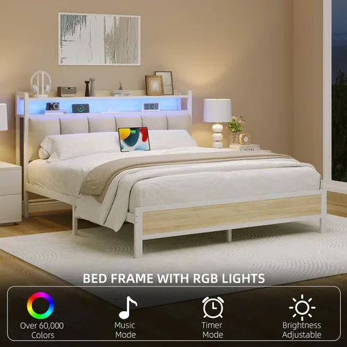Vista 4 de IMMERSTABLE - Base de cama individual con cabecero de almacenamiento, marco de cama de plataforma metálico individual con luces LED y estación