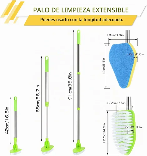 Vista 2 de Cepillo de limpieza con mango largo, 2 en 1, extensible, para baño, con 2 cerdas rígidas y 4 esponjas con mango largo, limpiador ligero desmontable