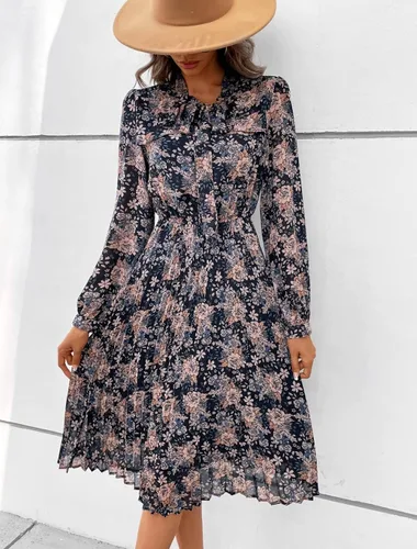 Vista 4 de HAOKEKE Vestido de gasa de manga larga para mujer, vestido de gasa retro con cuadrícula marrón, botones plisados, lazo hacia abajo, vestido de mujer