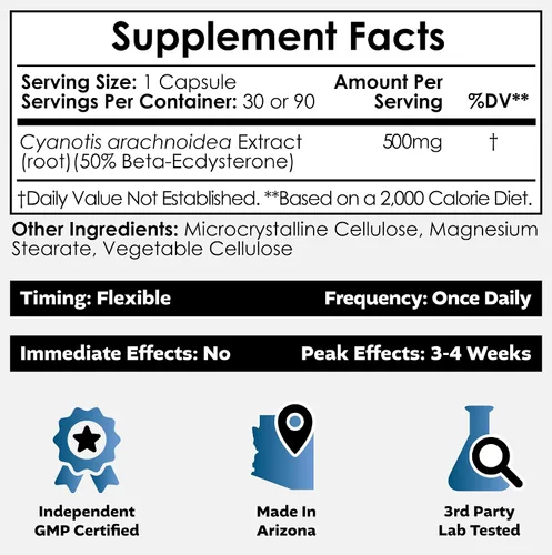 Vista 4 de Nootropics Depot Beta Ecdysterona/20-hidroxiecdisona 50% cápsulas 500mg Extracto de cianotis aracnoidea Fitoecdisteroide 30