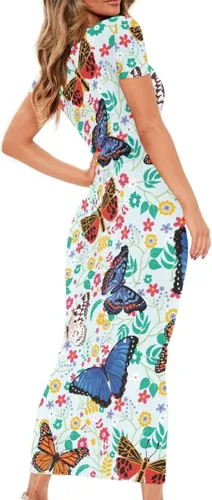 Vista 2 de DUOLIFU Vestido largo ajustado de manga corta con cuello redondo y estampado 3D de Van Gogh Starry Night para mujer