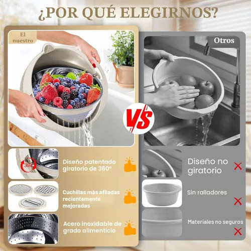 Vista 2 de Juego de colador 4 en 1 con tazón, cuenco colador giratorio de 360° patentado con 3 ralladores, tapa a presión y base antideslizante, divertido Beige
