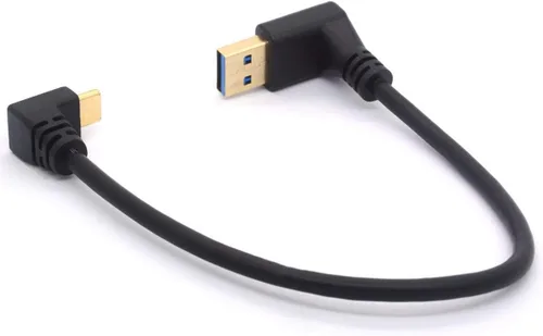 Vista 2 de Cable de extensión USB tipo C de 9.8 in, chapado en oro, USB 3.0 macho a 90 grados hacia arriba en ángulo descendente, cable tipo C, cable adaptador