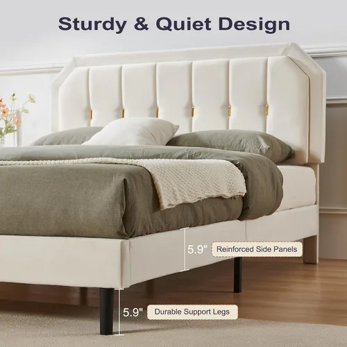 Vista 11 de Furnify Base de cama tamaño Queen, plataforma tapizada de terciopelo con ribete dorado, cama de estilo moderno con cabecera ajustable, no necesita