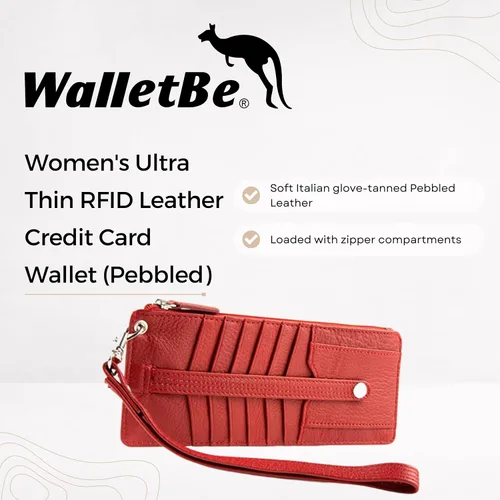 Vista 2 de Cartera de cuero ultrafina para mujer, tarjeta de crédito RFID Pebbled Red, Rojo -, Classic