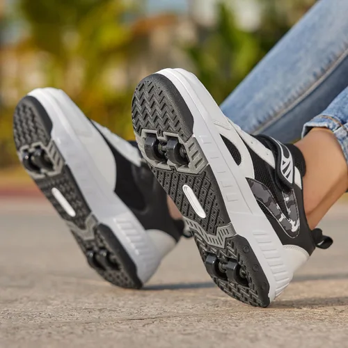 Vista 6 de Patines de verano con malla transpirable de 4 ruedas para niños, zapatos con ruedas para niños y niñas, zapatillas deportivas elegantes, duraderas