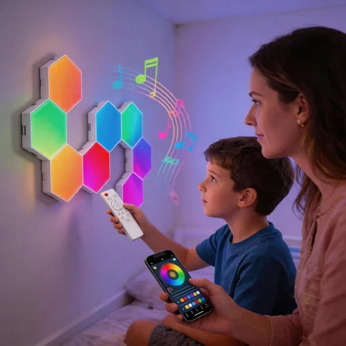 Vista 5 de TISOFU Luces Hexagonales (Paquete de 8) Paneles de Pared LED, Luces RGB para Juegos con APP, Panel Modular Inteligente Azulejos Hexagonales Push