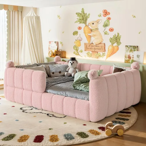 Vista 26 de Cama de suelo tapizada con valla, cama de piso tamaño individual con Beige