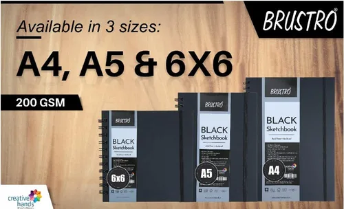 Vista 2 de Brustro Artist's Black Sketchbook A4, 200GSM, 80 páginas, espiral, encuadernado con alambre, ideal para lápices de colores, bolígrafos de gel