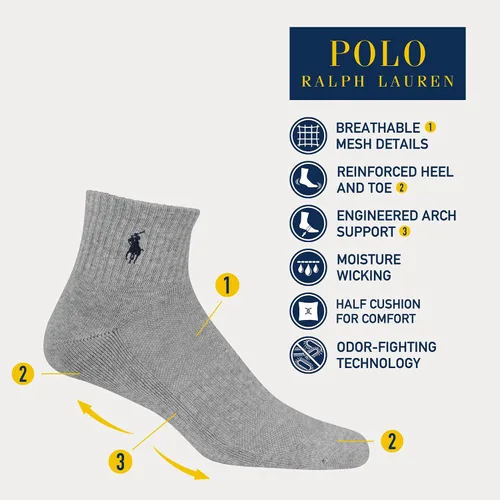 Vista 2 de POLO RALPH LAUREN mens Athletic Performance Cotton Ankle Socks - 6 Pair Pack - Moisture Wicking Mesh