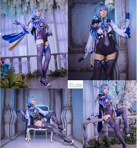 Vista 3 de MZXDY Eula - Disfraz de cosplay de Genshin Impact, conjunto completo de uniforme de Halloween para mujer