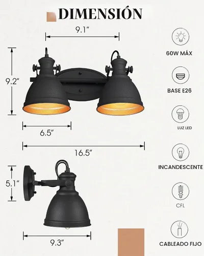 Vista 2 de Lámpara de tocador de baño industrial negra de 2 luces sobre