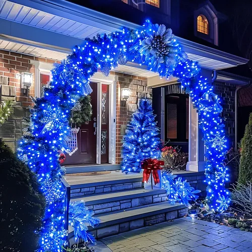 Vista 3 de JMEXSUSS 150 luces LED azules de Navidad para interiores y exteriores, luces de cadena conectables de 59 pies con enchufe, 8 modos de luces de hadas