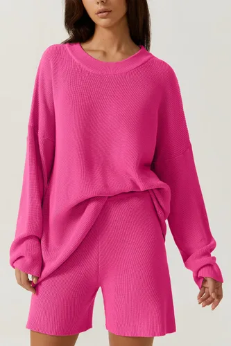 Vista 2 de QINSEN Conjunto de descanso para mujer, suéter de manga larga con pantalones cortos de dos piezas