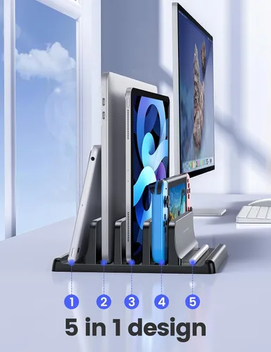 Vista 2 de Vaydeer Organizador vertical de 3 ranuras para laptop, soporte de almacenamiento para portátil hecho de plástico ABS de alta calidad, diseño 5 en 1
