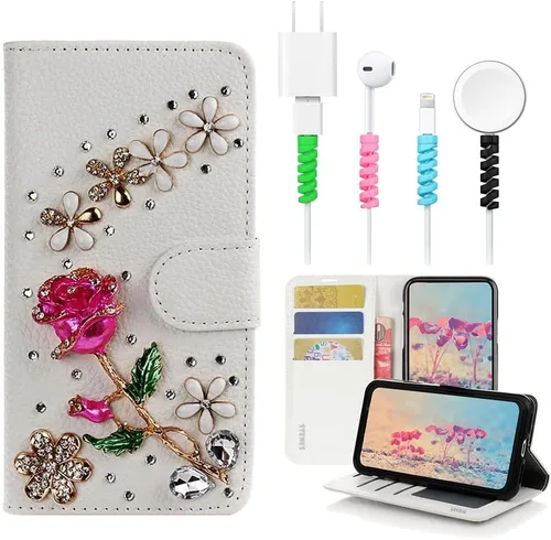 Vista 5 de Bling - Funda de piel tipo cartera compatible con iPod Touch 7ª generación (2019), diseño de flores y mariposas en 3D hechas a mano, con protector